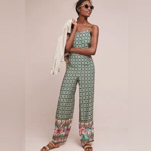 FARM RIO Green Floral Print Honolulu Wide Leg Pant Jumpsuit Anthropologie Sz S